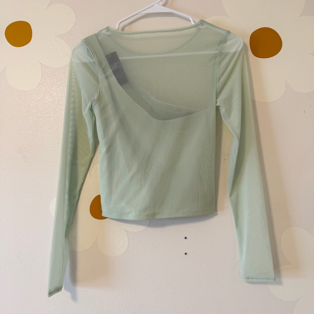 NWT Abercrombie & Fitch Mesh Long Sleeve One Shoulder Sage Green Top - Picture 3 of 9